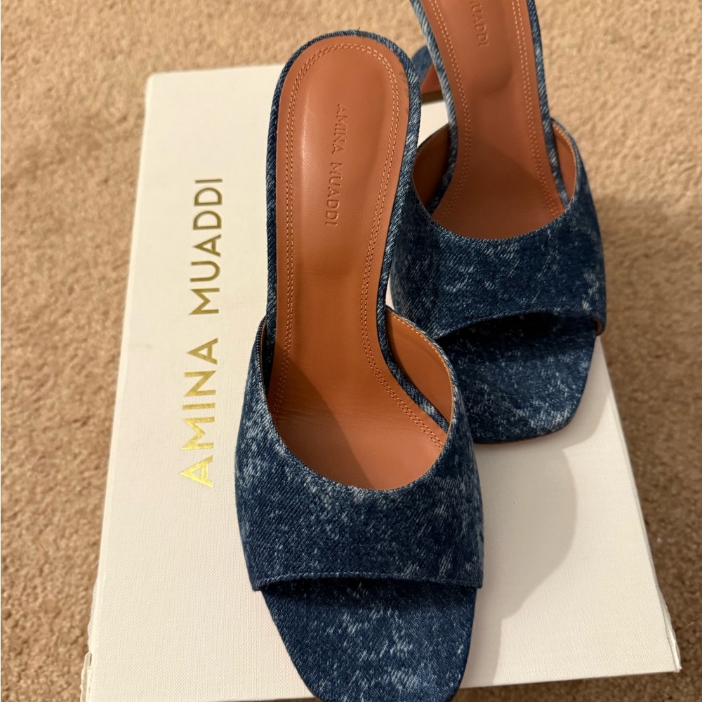 Amina Muaddi Dark Blue Denim Mules
